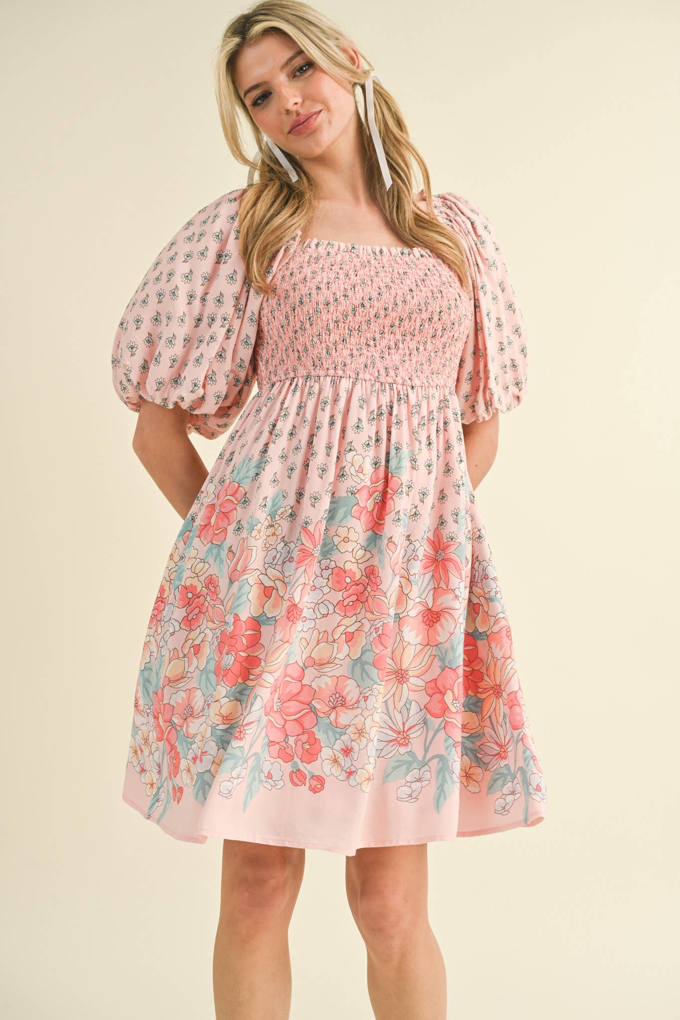 Pink/Peach Floral Smocked Knee Length Dress with Puff Sleeves