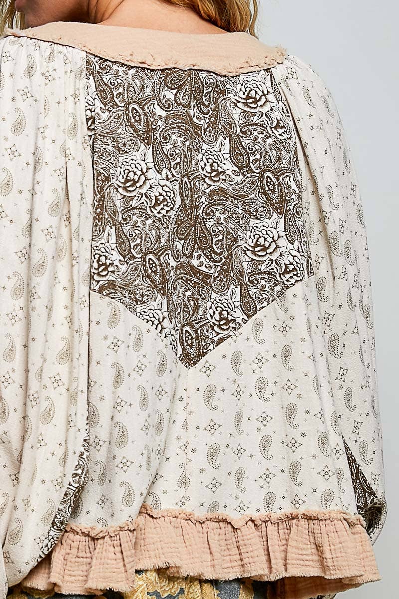 Beige/Peach Multi Color V Neck Balloon Sleeve Top