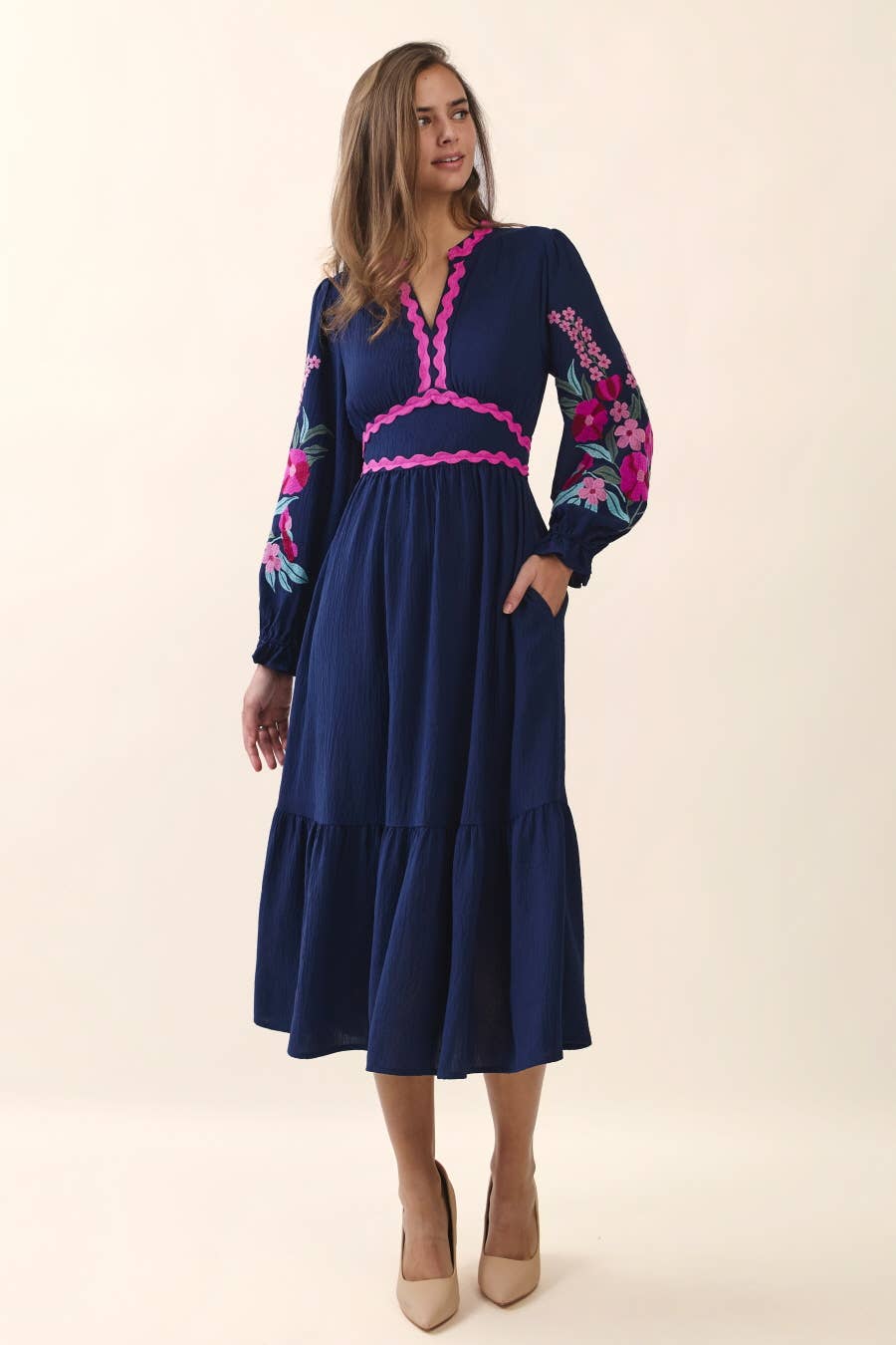 Embroidered Tiered Midi Dress