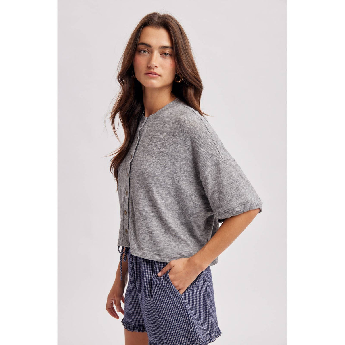 Grey Short Sleeve Button Down Knit Top