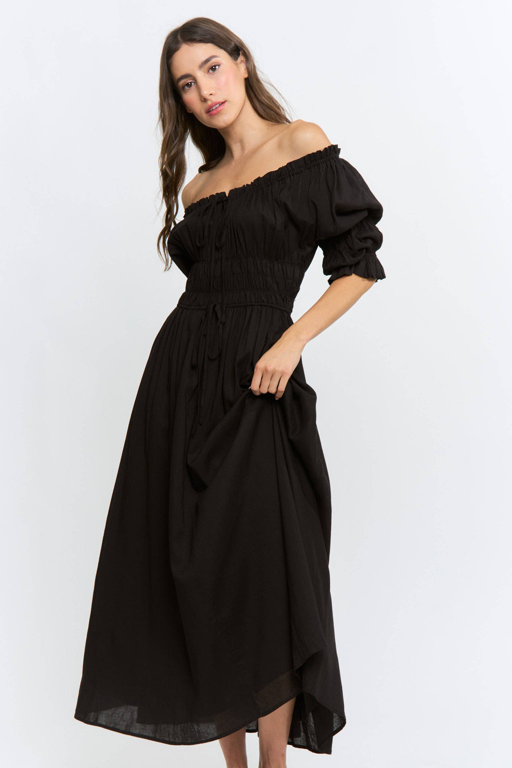 Navy Off or On Shoulder Pleated Maxi Dress