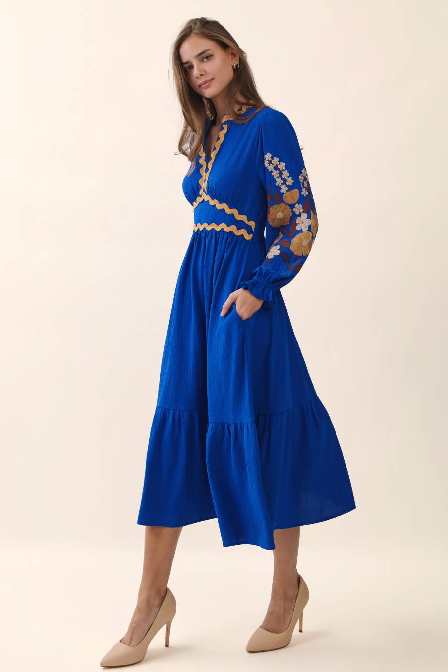 Embroidered Tiered Midi Dress