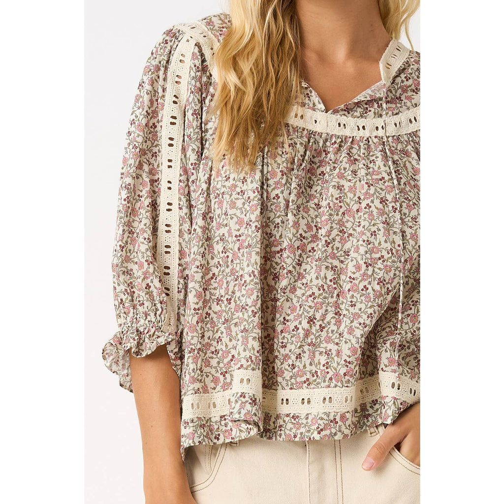 Ivory/Rose Floral Peasant Top with Lace Trim