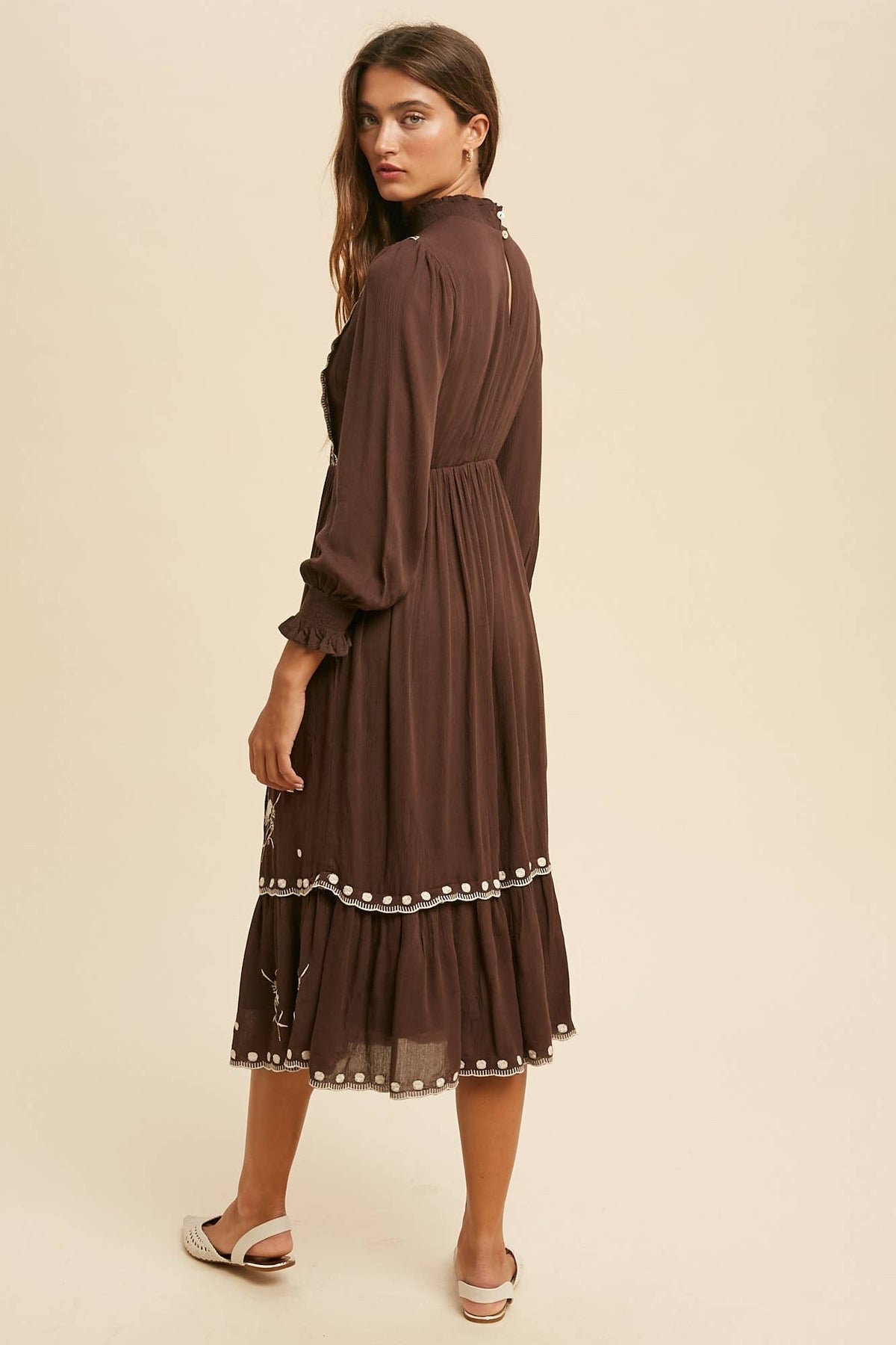 Brown Embroidered Smocked Neck Dress