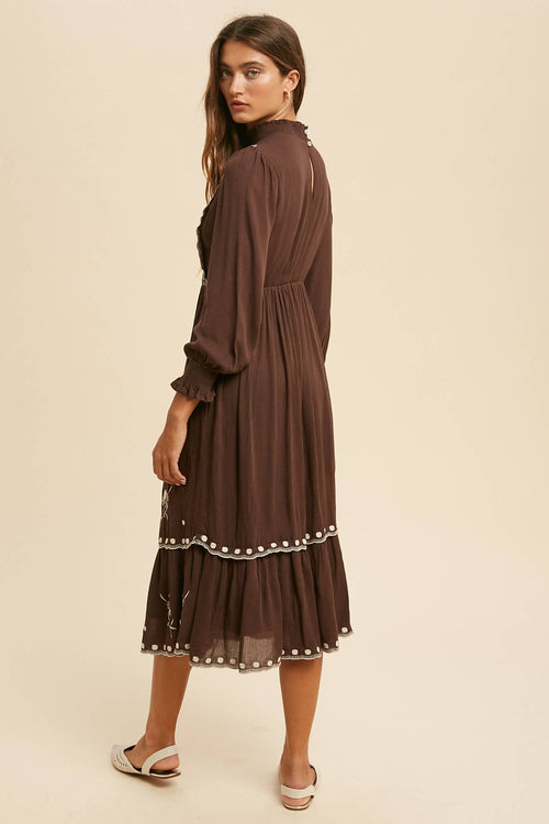Brown Embroidered Smocked Neck Dress