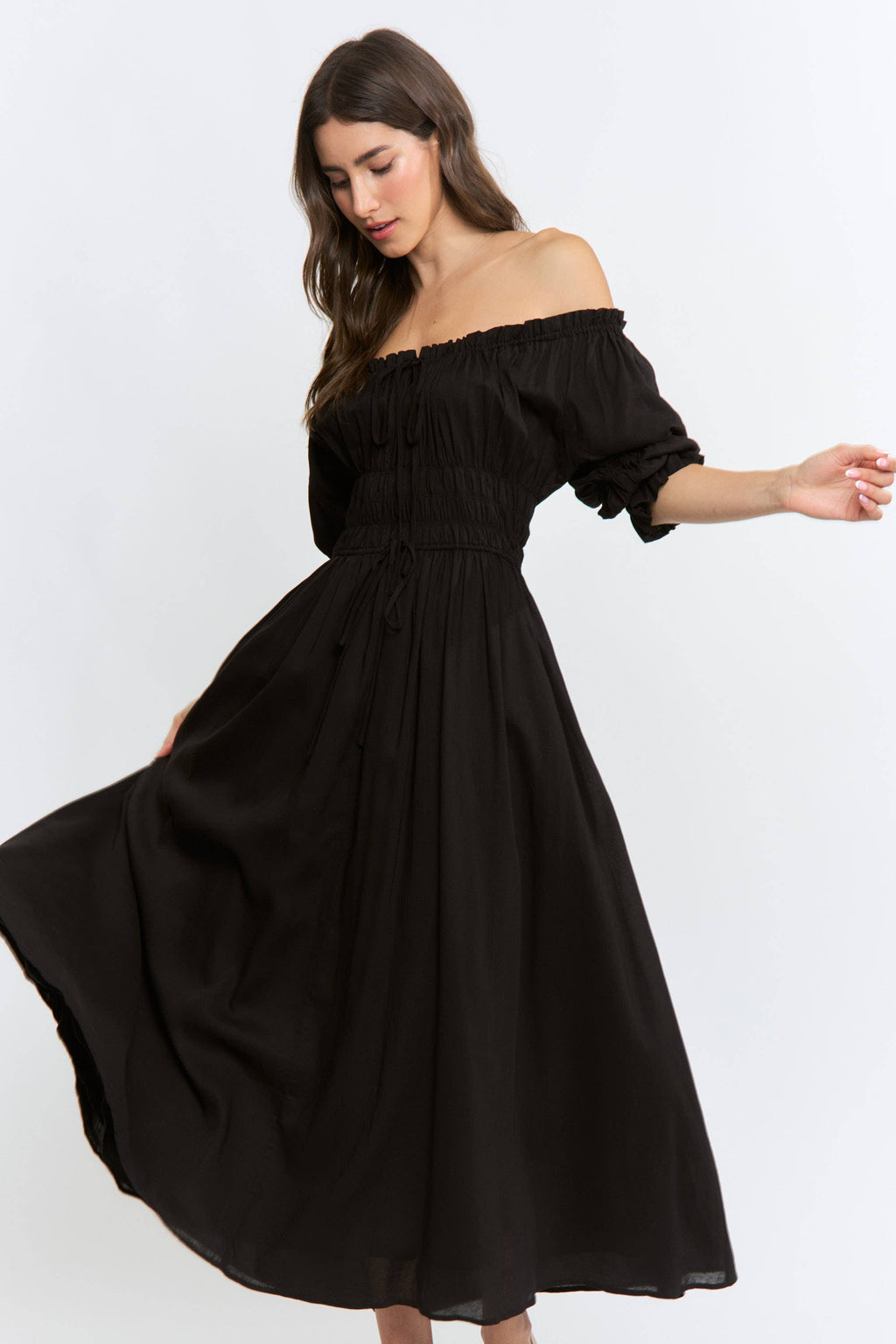 Navy Off or On Shoulder Pleated Maxi Dress