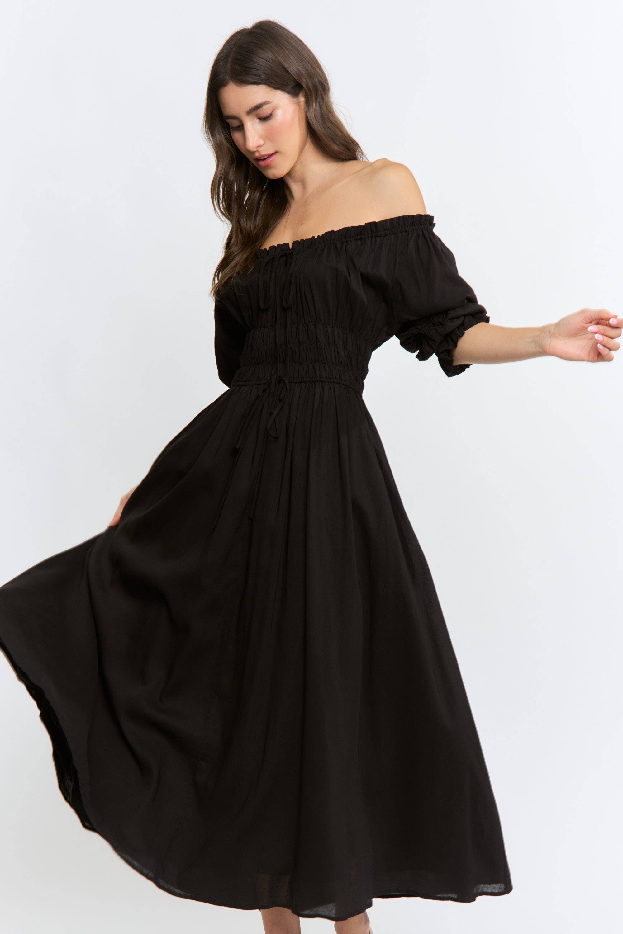 Navy Off or On Shoulder Pleated Maxi Dress