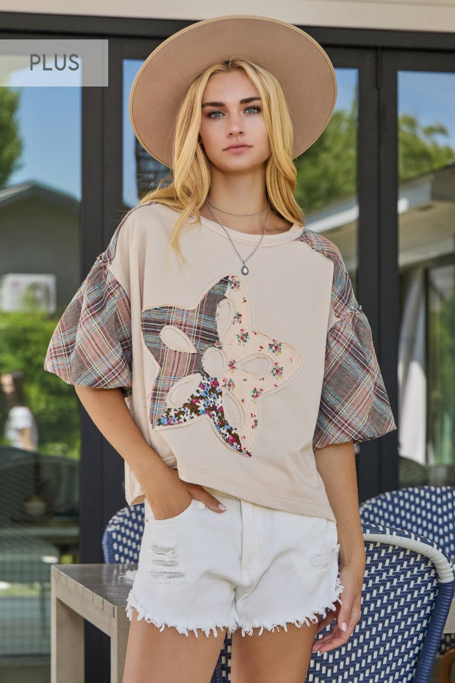 Plus Print Mixed Fabric French Terry Top