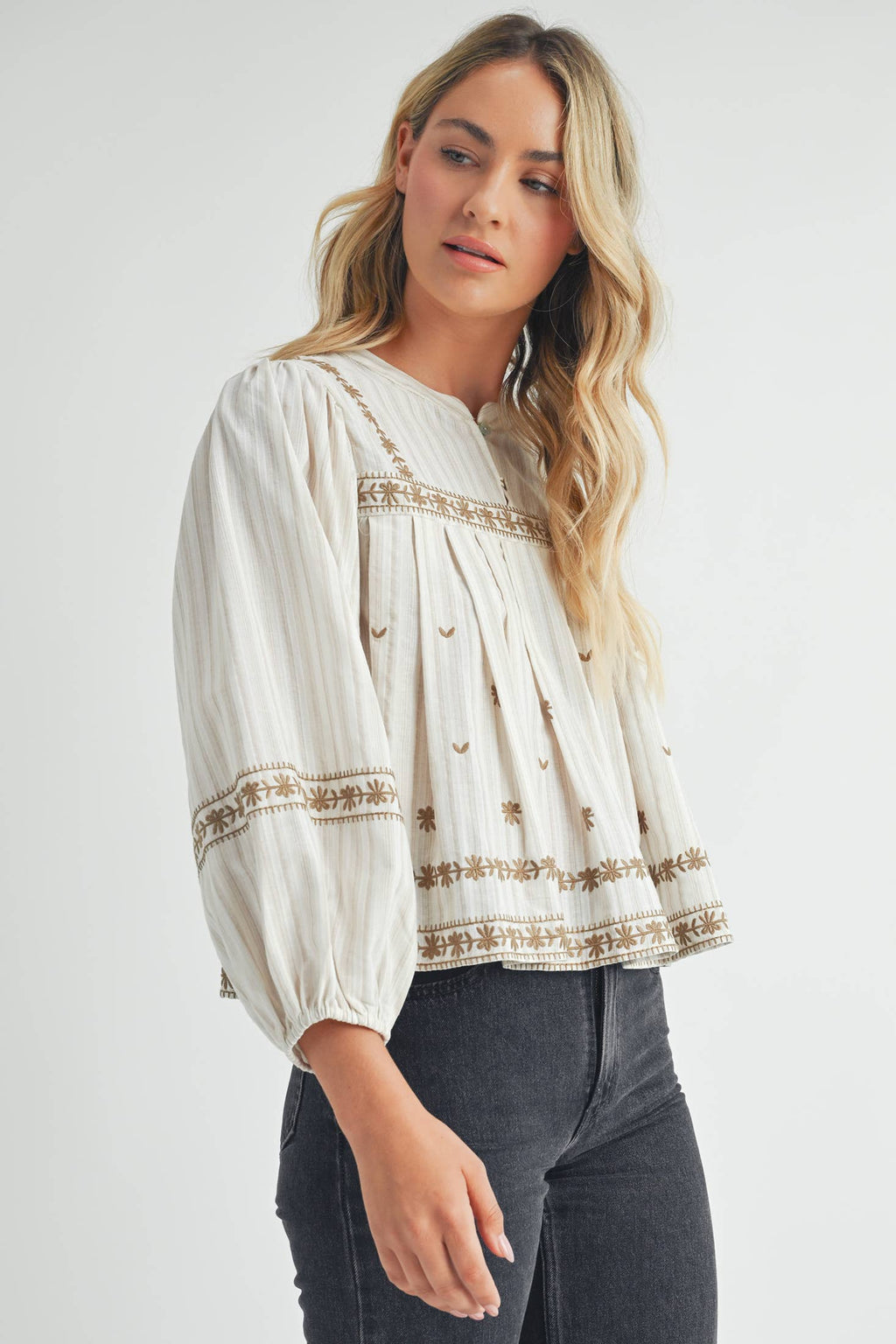 Ivory/Beige Embroidered Puff Long Sleeve Top