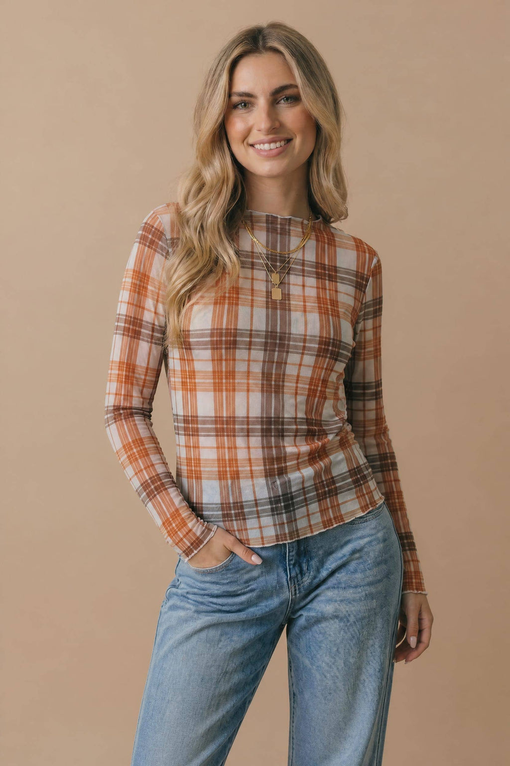 Plus Plaid Mesh Semi Sheer Top
