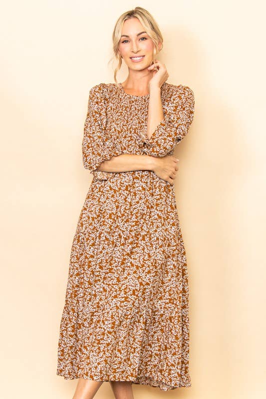 Vintage Floral Smocked Tiered Midi Dress with Pockets