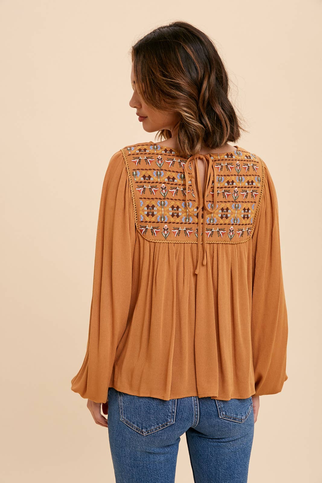 Embroidered Caramel Tie Back Blouse