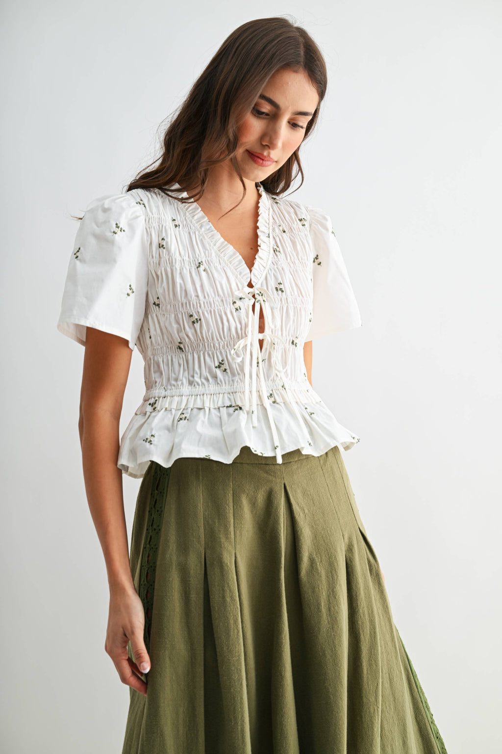 Ivory Floral Tie Front Peplum with Smocking Detail