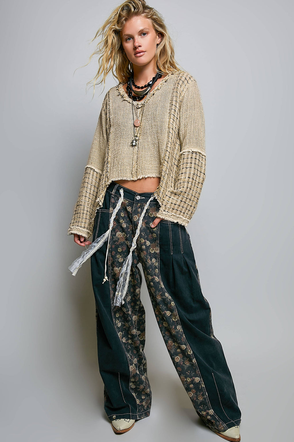 Taupe Hi Lo Cut Raw Hem Knit Top