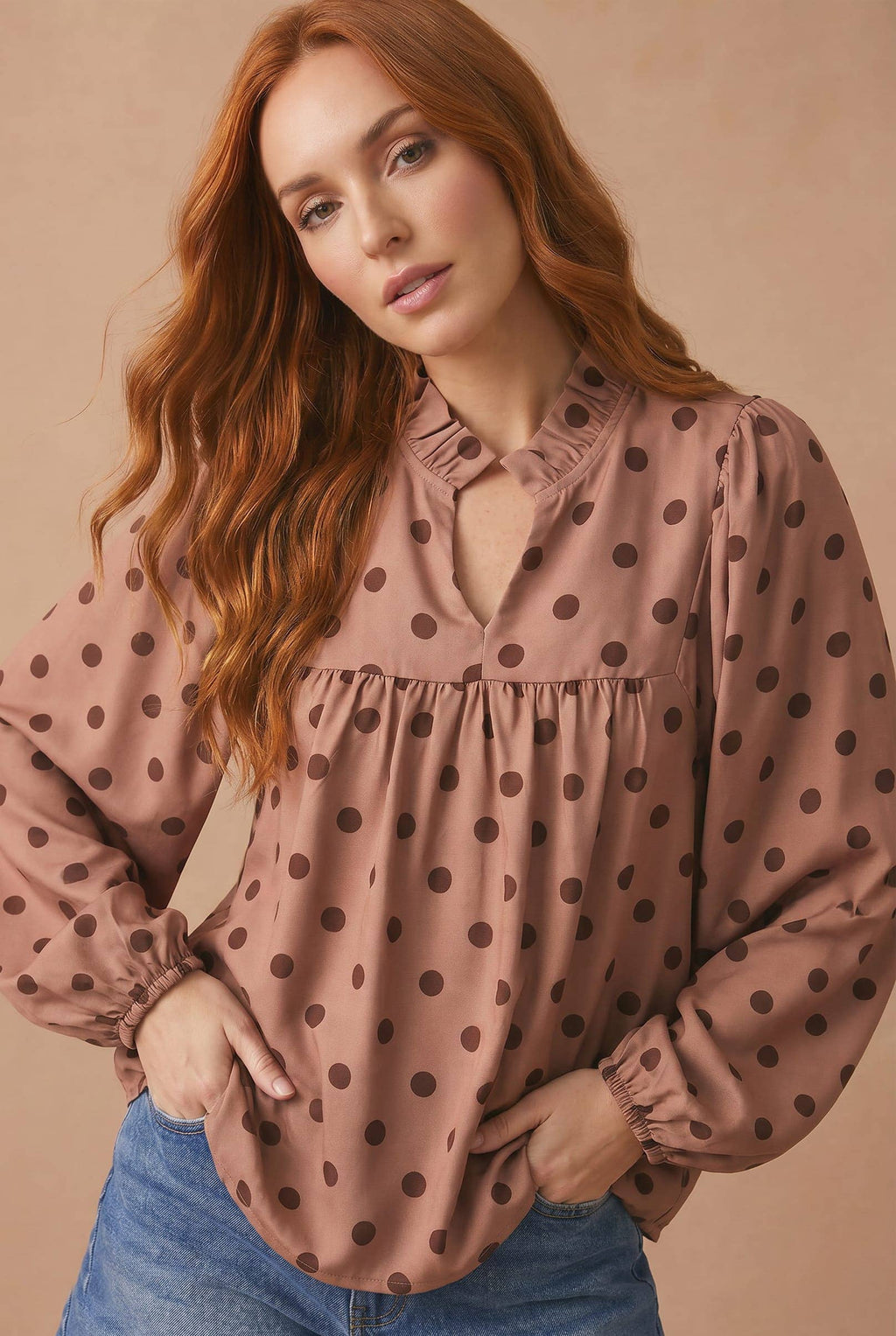 Polka Dot Bubble Sleeve Woven Blouse