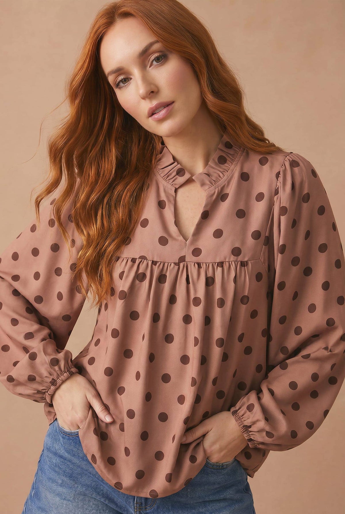Polka Dot Bubble Sleeve Woven Blouse