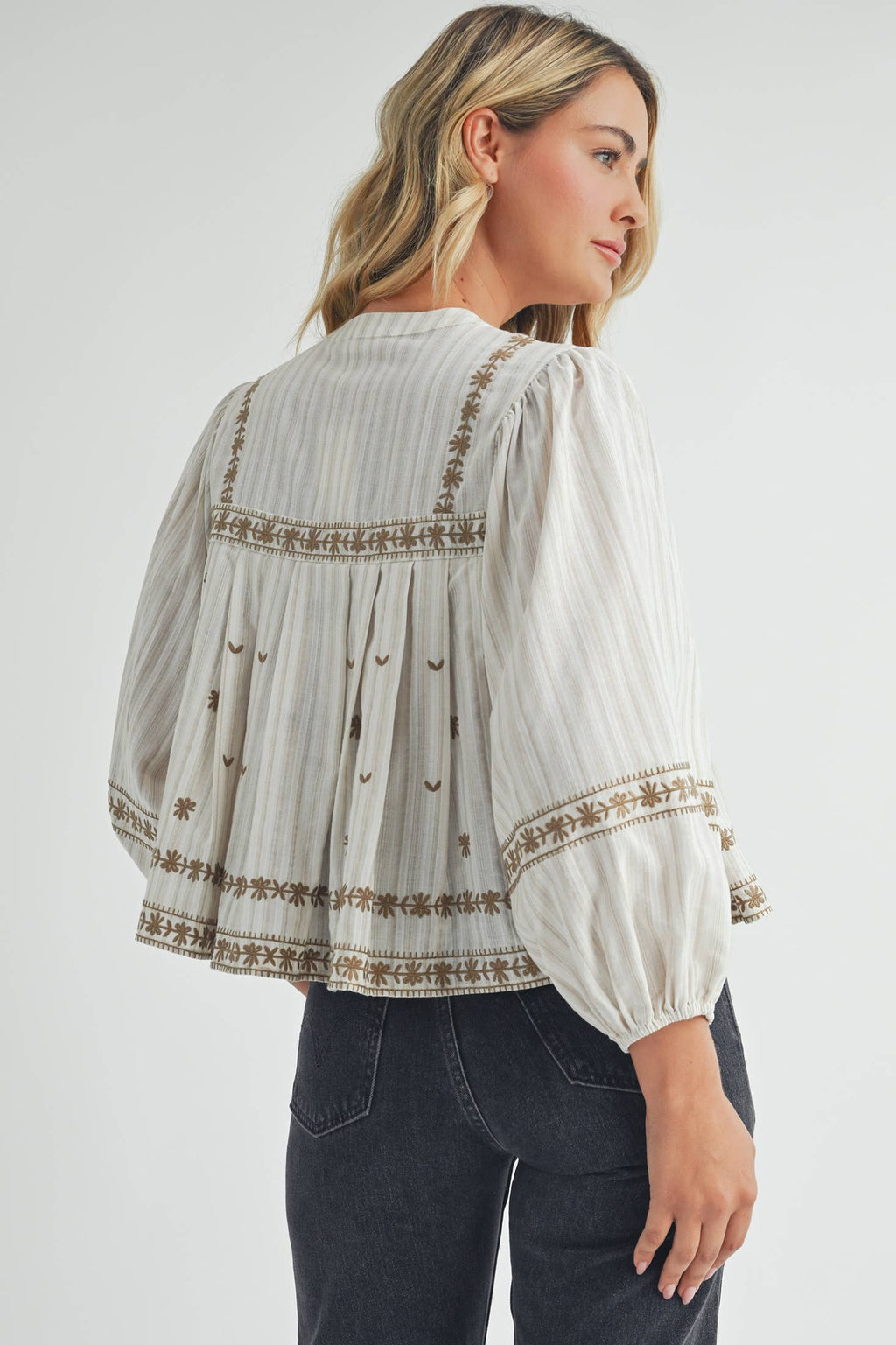 Ivory/Beige Embroidered Puff Long Sleeve Top