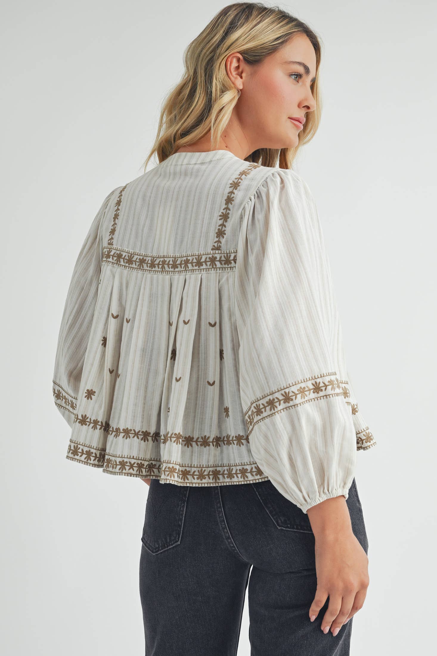 Ivory/Beige Embroidered Puff Long Sleeve Top