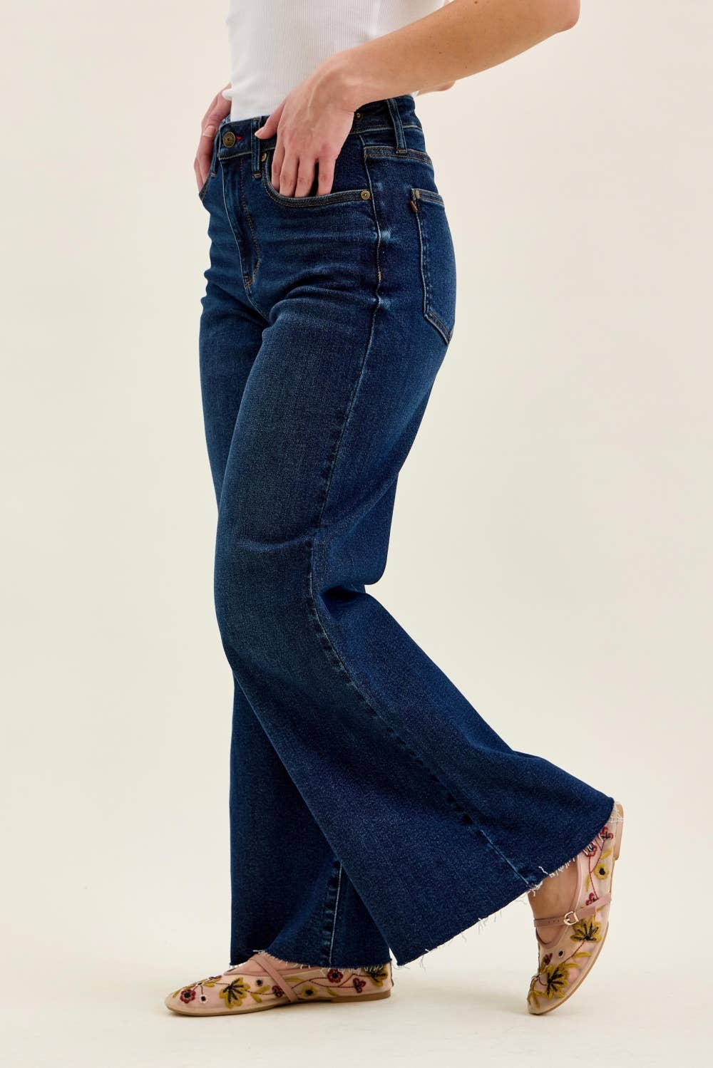 High Waist Petite Wide Leg Jeans with Raw Hem - Judy Blue