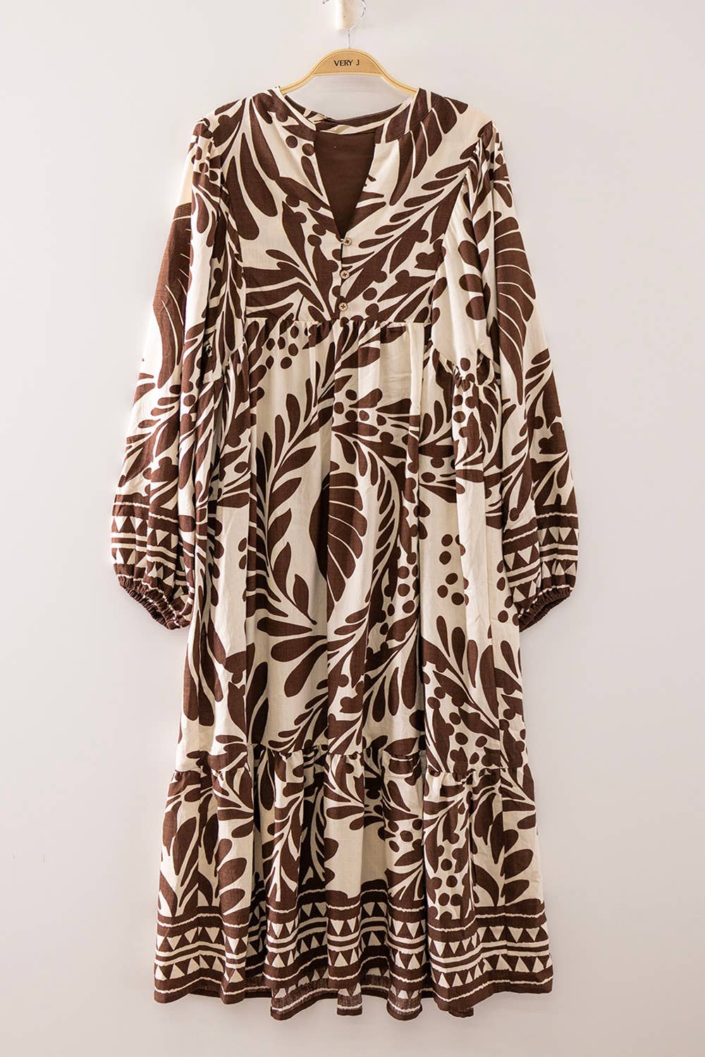 ND32332-Tropical Leaf Print Tiered Maxi Dress
