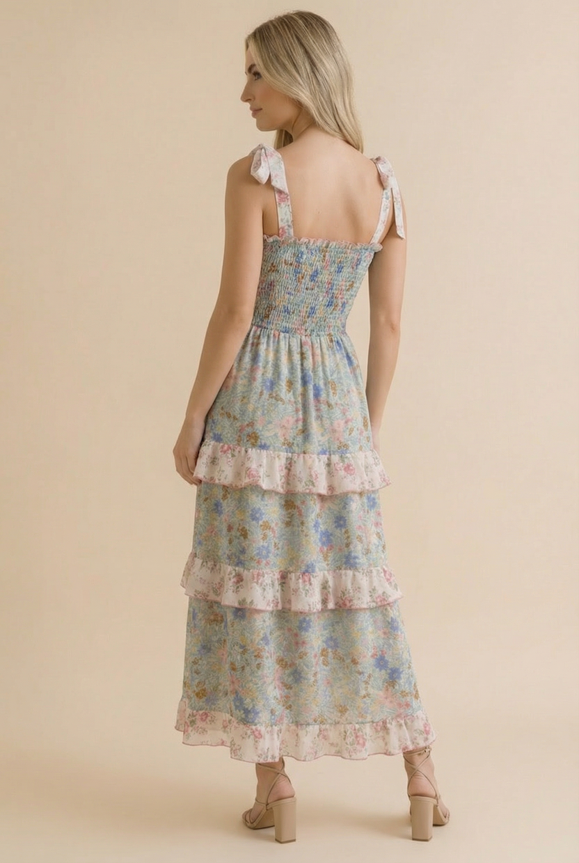Plus Smocking Tube Color Block Floral Maxi Dress