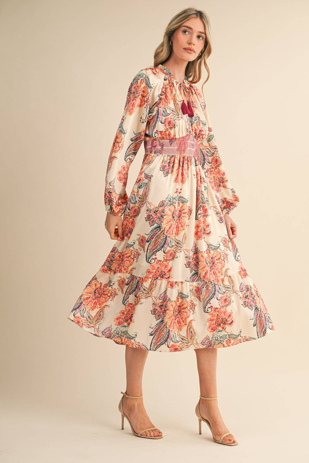 Cream Paisley Dress with Smocked Detail