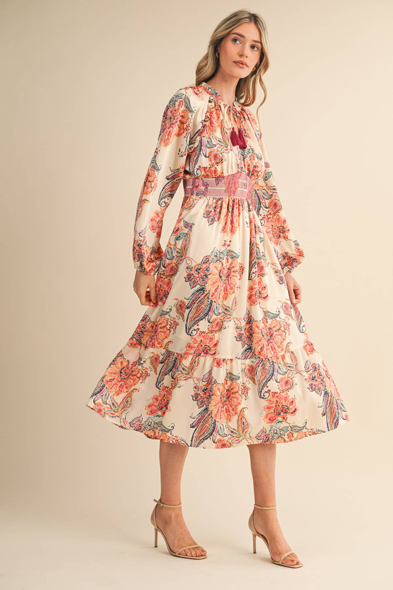 Cream Paisley Dress with Smocked Detail