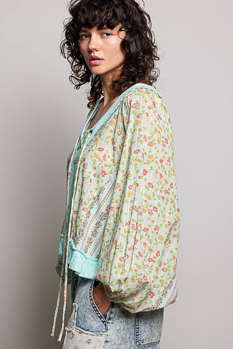Beige/Peach Multi Color V Neck Balloon Sleeve Top