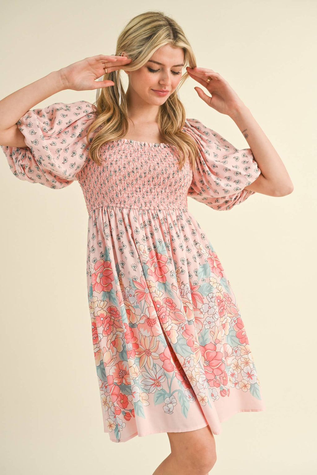Pink/Peach Floral Smocked Knee Length Dress with Puff Sleeves