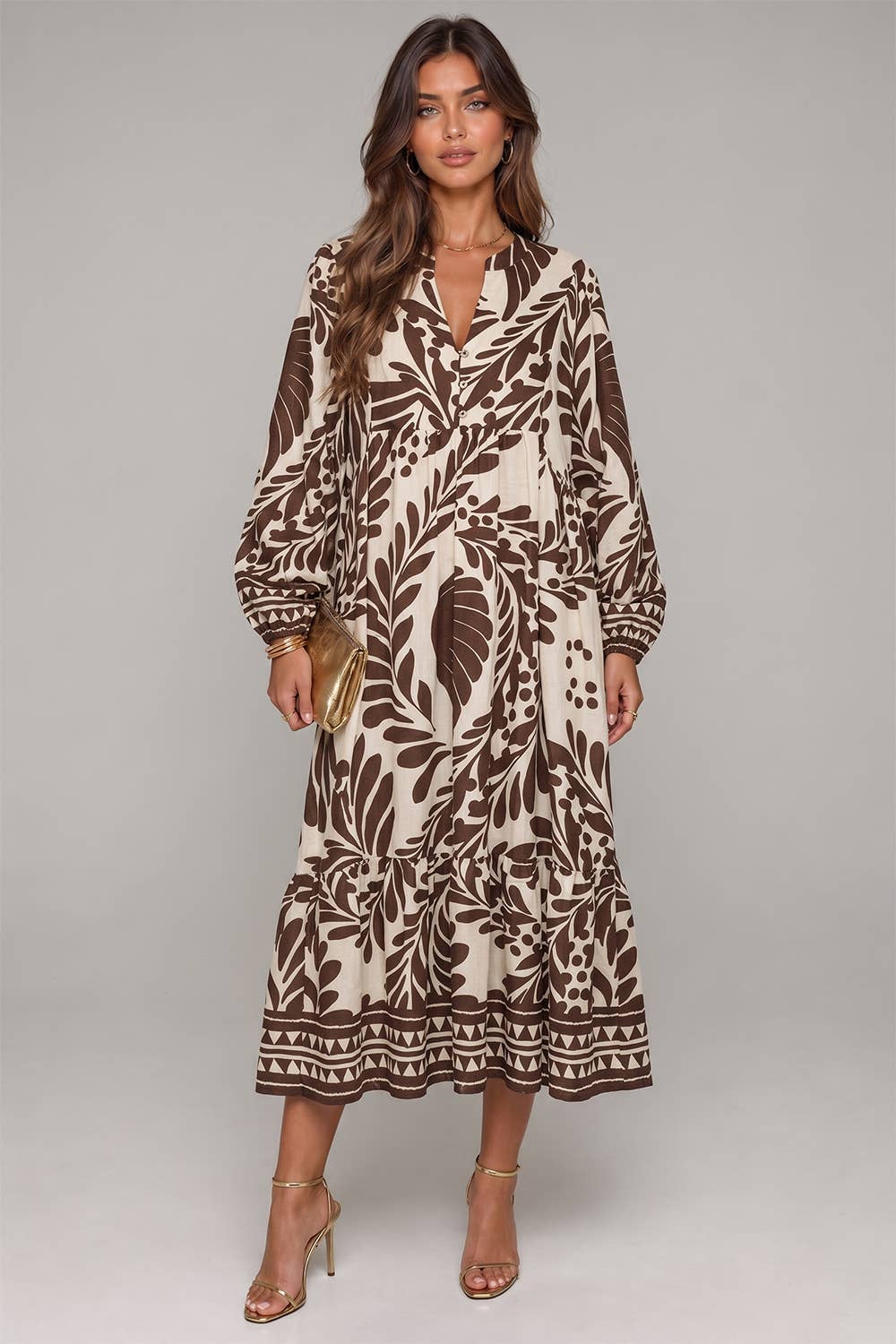 ND32332-Tropical Leaf Print Tiered Maxi Dress