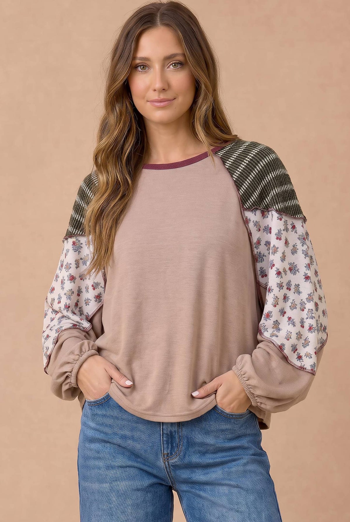 Plus Floral and Stripe Color Block Knit Top