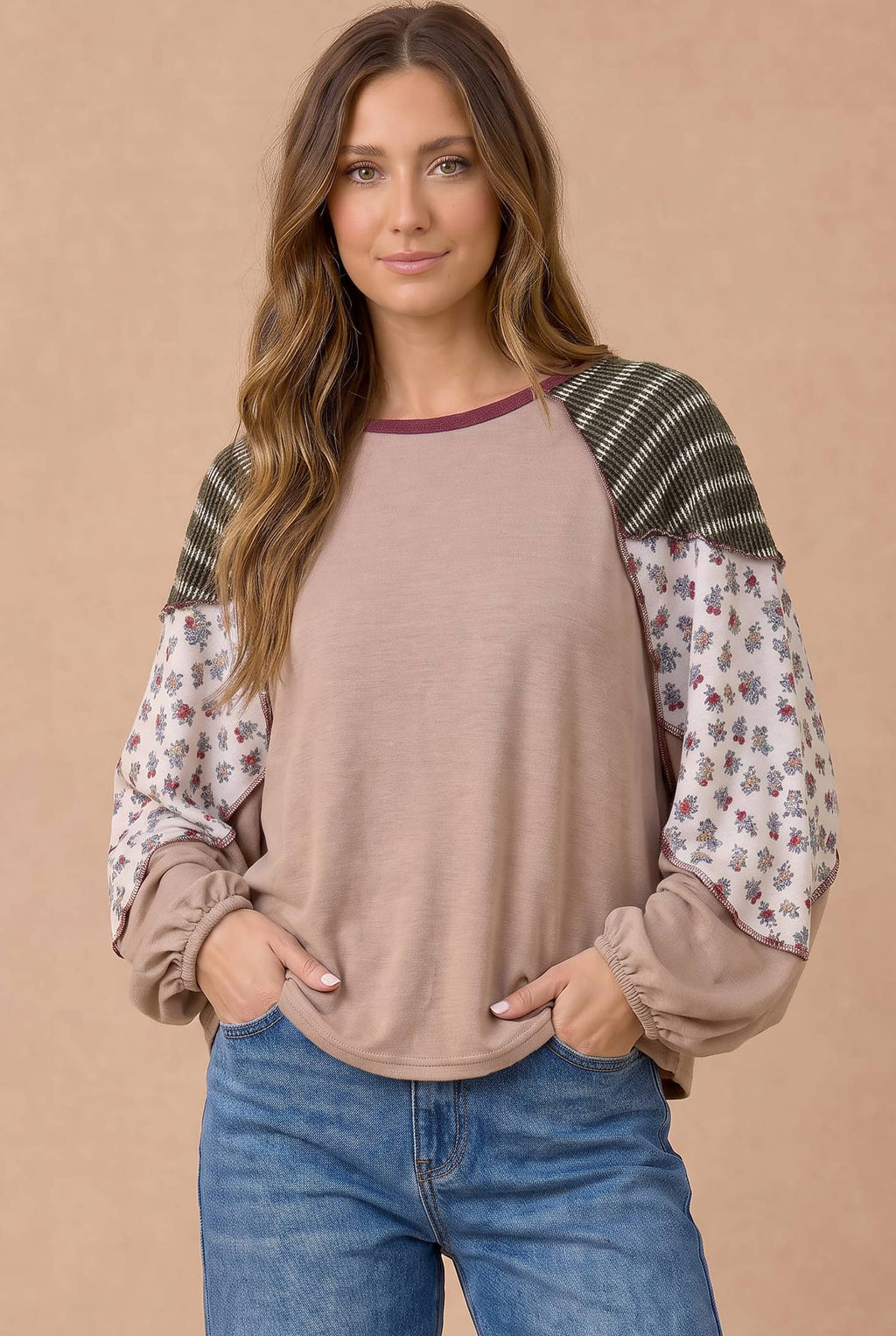 Plus Floral and Stripe Color Block Knit Top