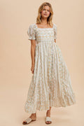 Ivory/Peach Floral Square Neck Maxi Dress with Puff Print Sleeves
