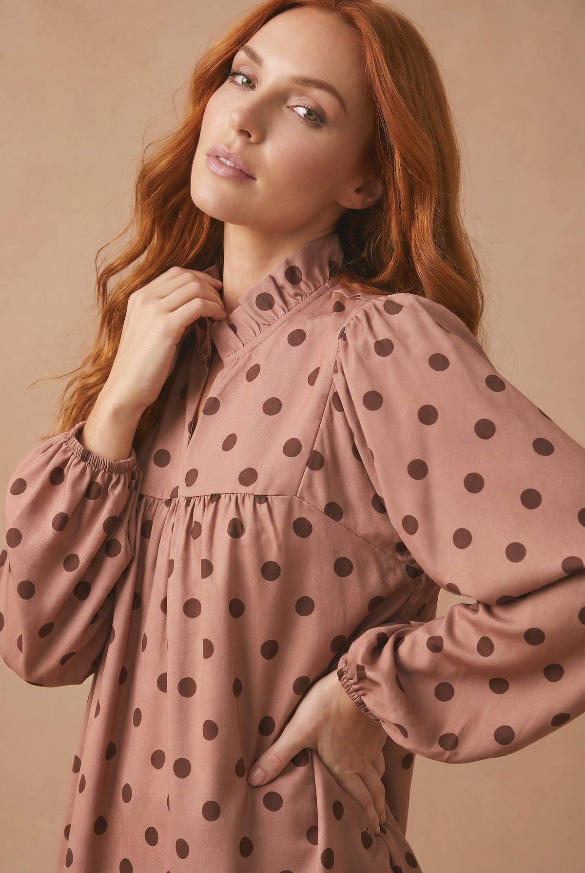 Polka Dot Bubble Sleeve Woven Blouse