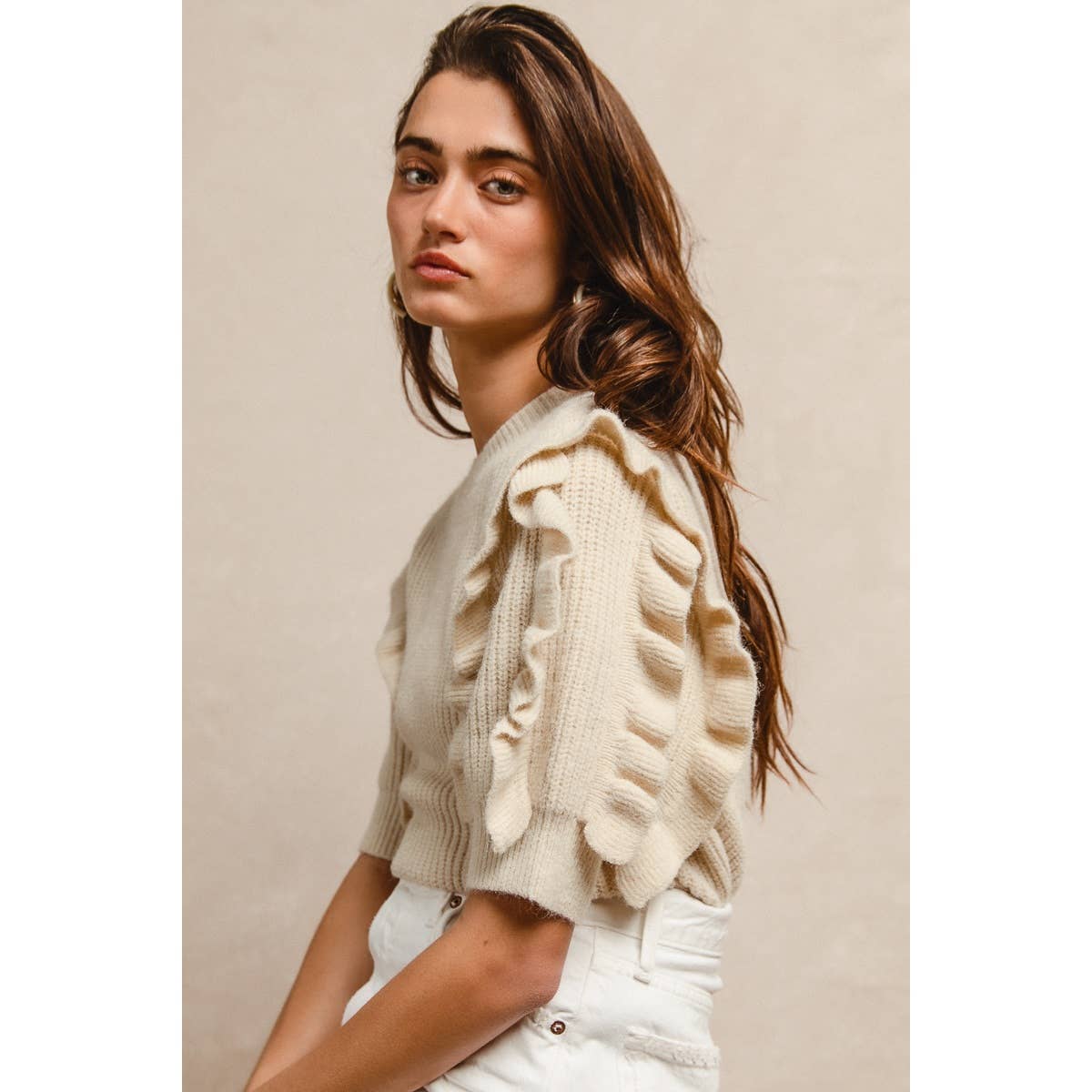 SOLID KNIT RUFFLED SLEEVES TOP