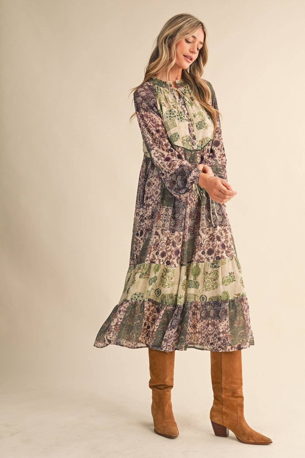 Olive Patchwork Mid Length Dress