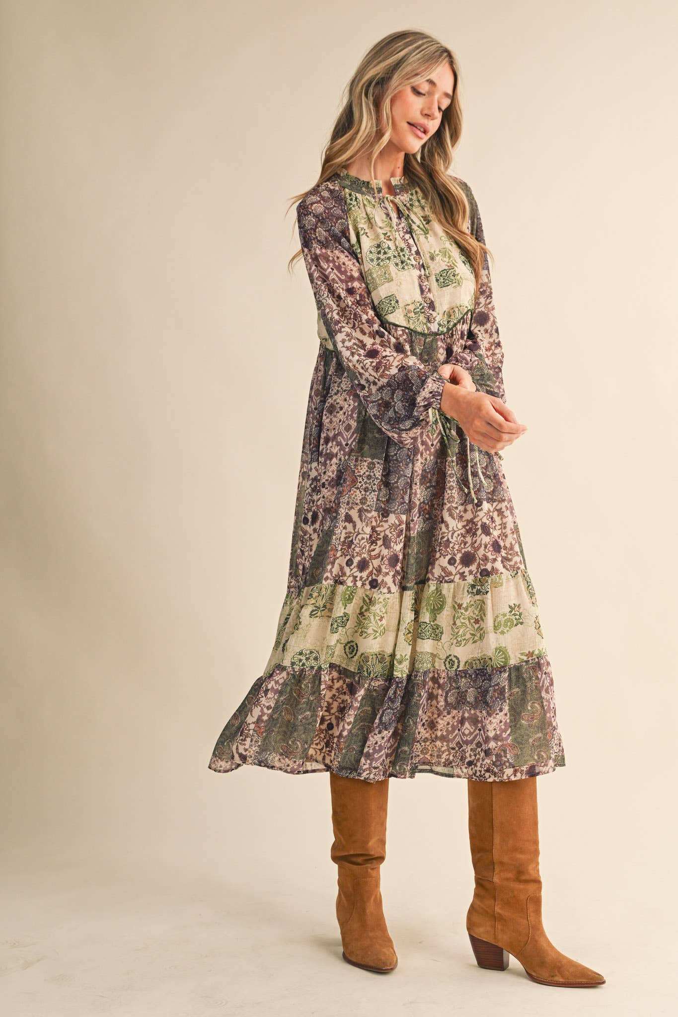 Olive Patchwork Mid Length Dress