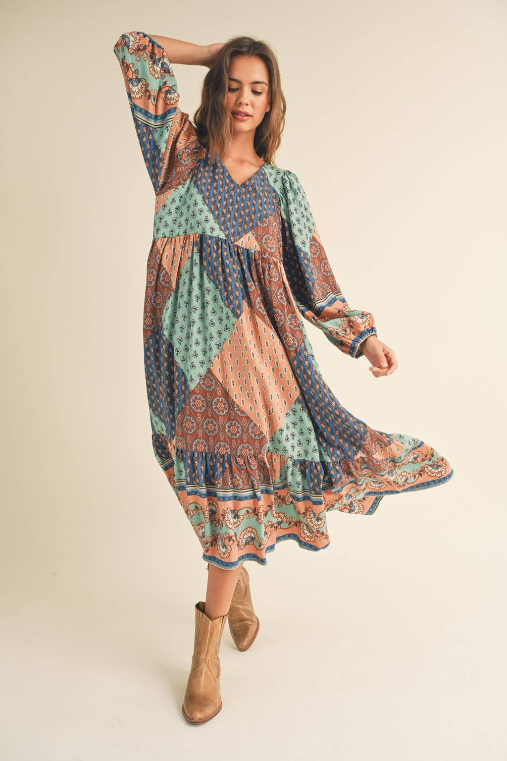 Rust Multi Color Printed Balloon Sleeve Mid Length Dress