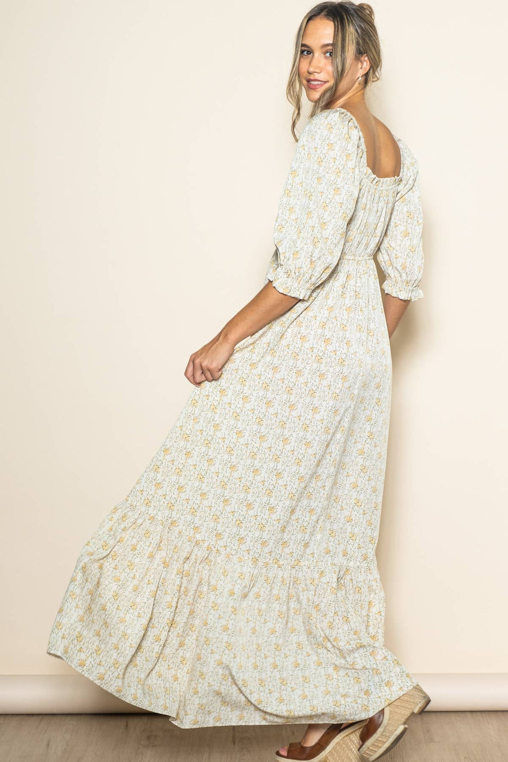 Flowy Babydoll Empire Wide Flare Floral Maxi Dress w Pockets