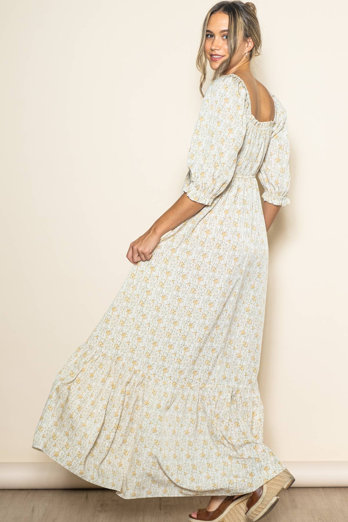 Flowy Babydoll Empire Wide Flare Floral Maxi Dress w Pockets