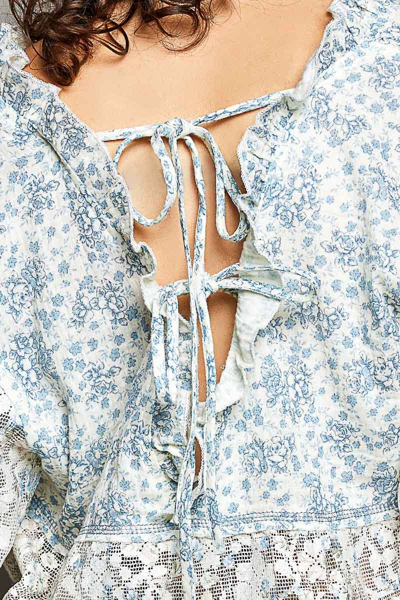 Blue Floral Printed Lace Patch Adjustable Back Loop Ruffled V-Neck Top