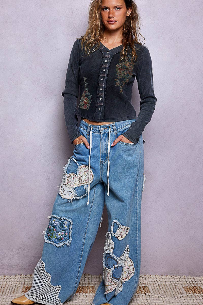 Vintage-Inspired Wash Button-Front Placket Ribbed Knit Top