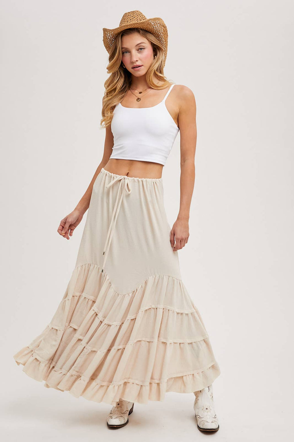 RUFFLED DRAWSTRING WASIT MAXI SKIRT WITH LINING