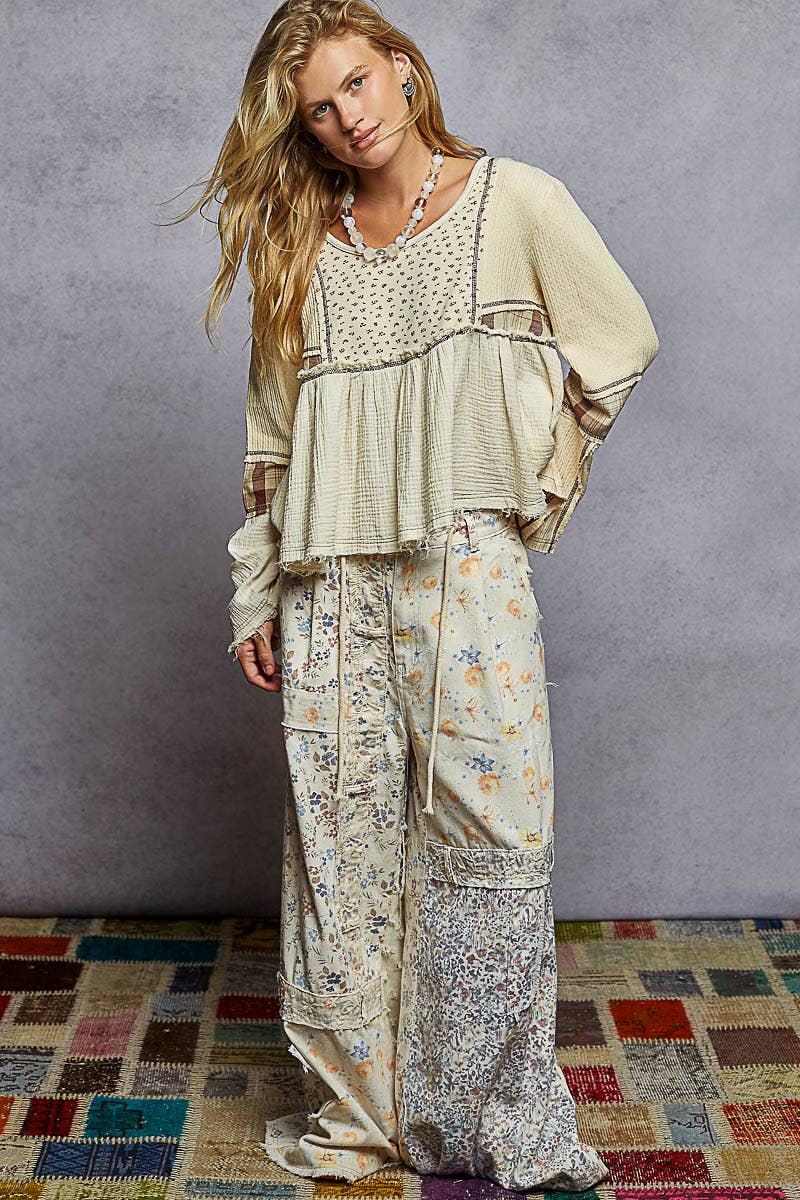 Cream Long Sleeve Plaid Contrast Double Gauze Woven Top
