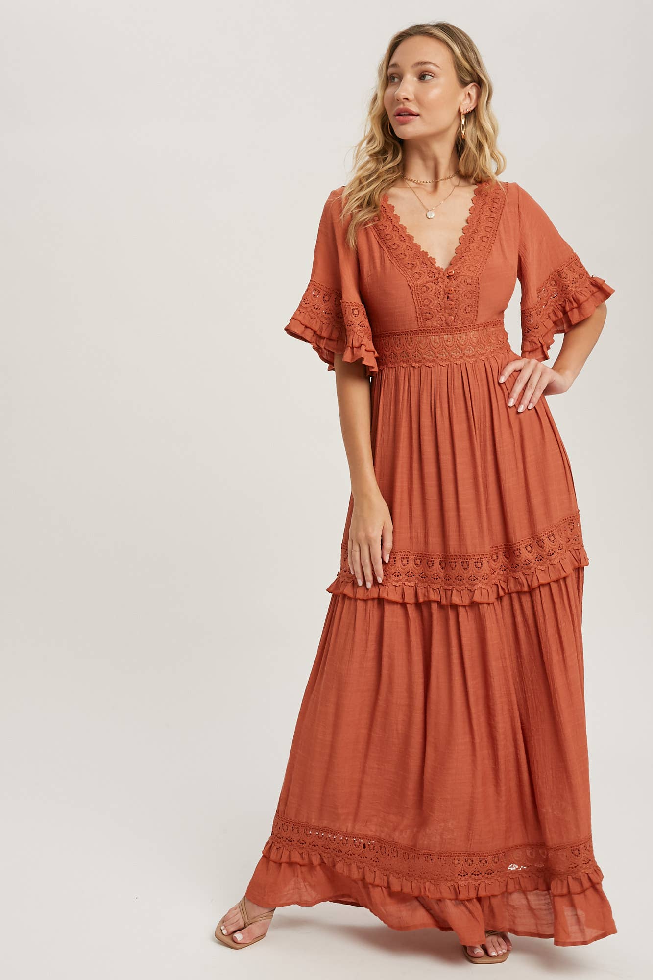 Lace V Neck Maxi Dress with Ruffle Sleeves (Olive & Ivory)