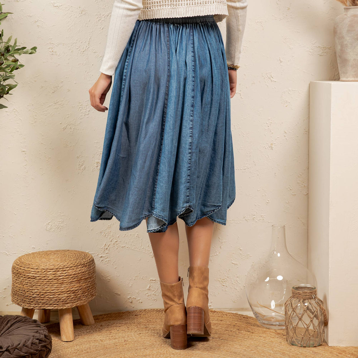 Shirred Elastic Waist Denim Skirt