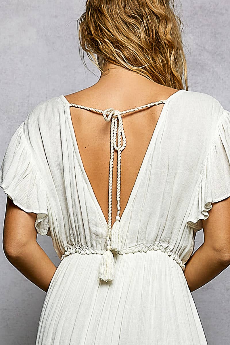Ivory Ruffle Trim V-neck Embroidery Sequins Tassel Maxi Dress