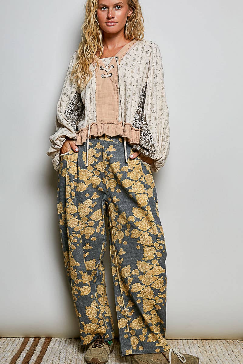 Beige/Peach Multi Color V Neck Balloon Sleeve Top