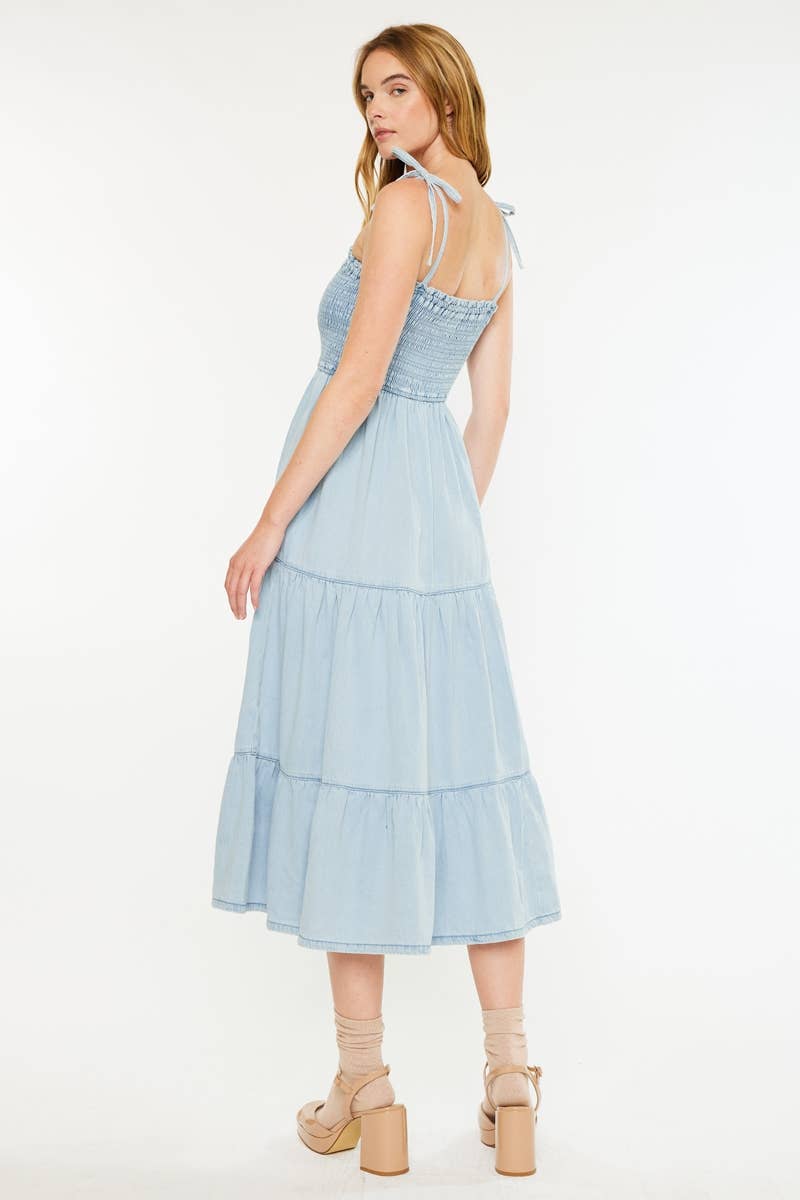 Light Wash Denim Dress with Smocking Detail - Kan Can