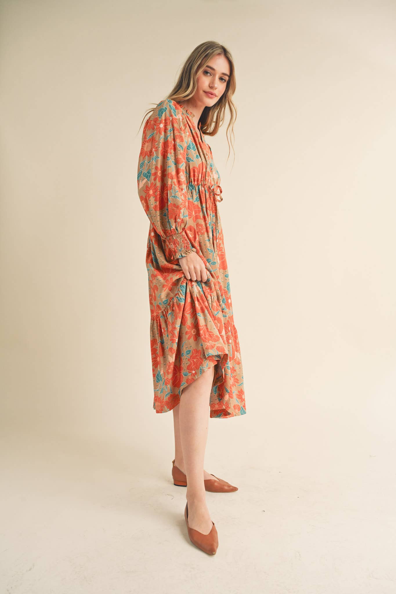 Cream with Rust/Teal Floral Ruffle Maxi Dress